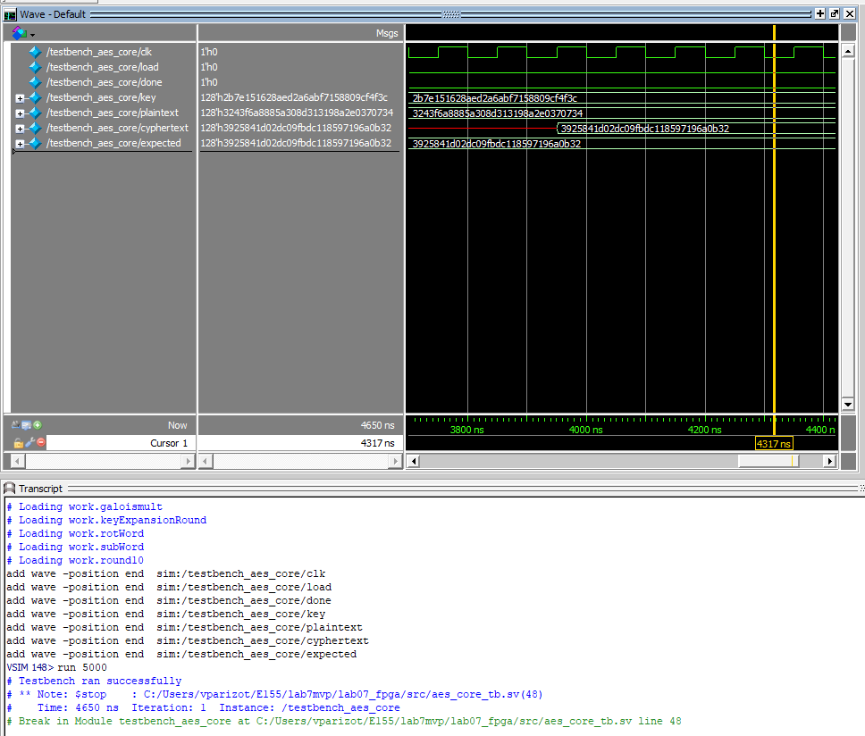 My Design Passes the AES Core Simulation Textbench